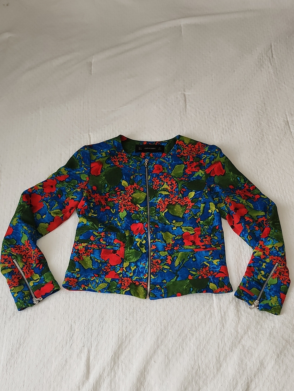 Zara Basic Vibrant Floral Print Crop Bomber Jacket (Size S)